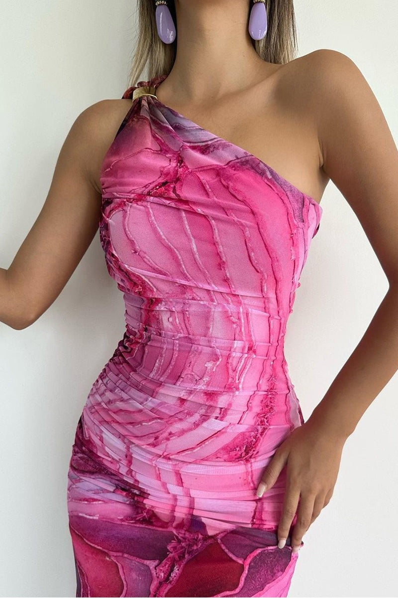 Printed One Shoulder Ruched Bodycon Maxi Dress