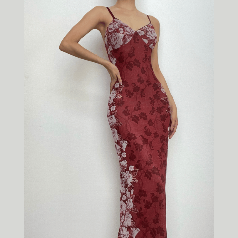 Floral Print V-Neck Spaghetti Strap Bodycon Maxi Dress