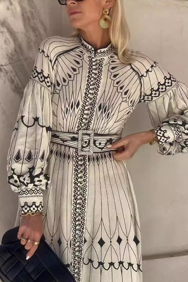 Cotton and linen printed loose casual retro lantern sleeves Midi Dress - Fashionpara