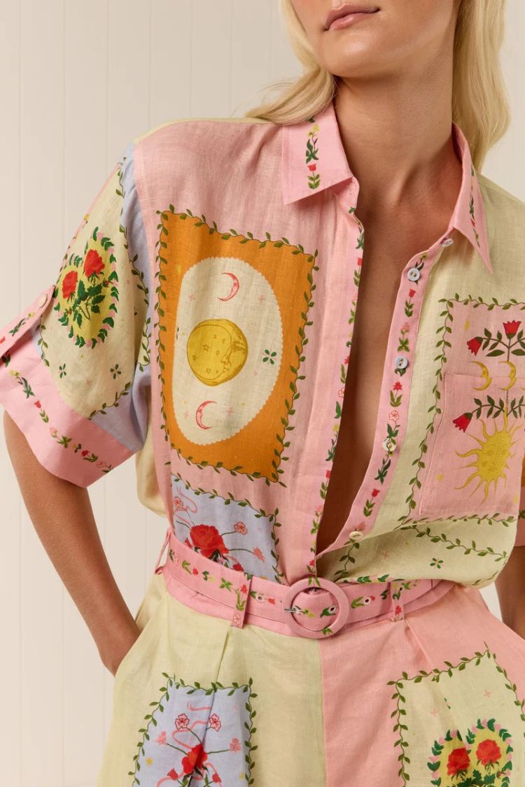 Lily Song Linen Blend Unique Print Short Sleeve Shirt and Belted Pocket Shorts Set - Fashionpara