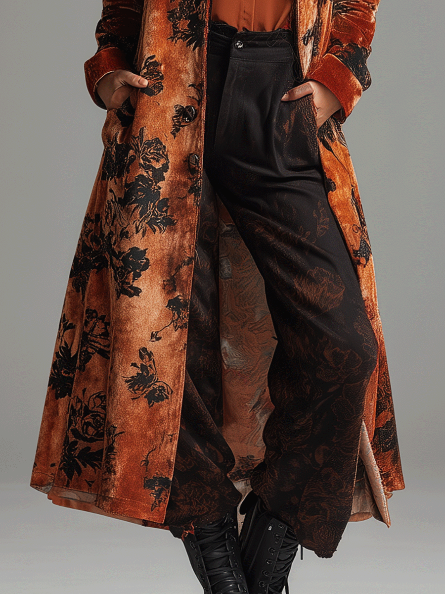 Vintage Burnt Orange Velvet Floral Maxi Coat - Fashionpara