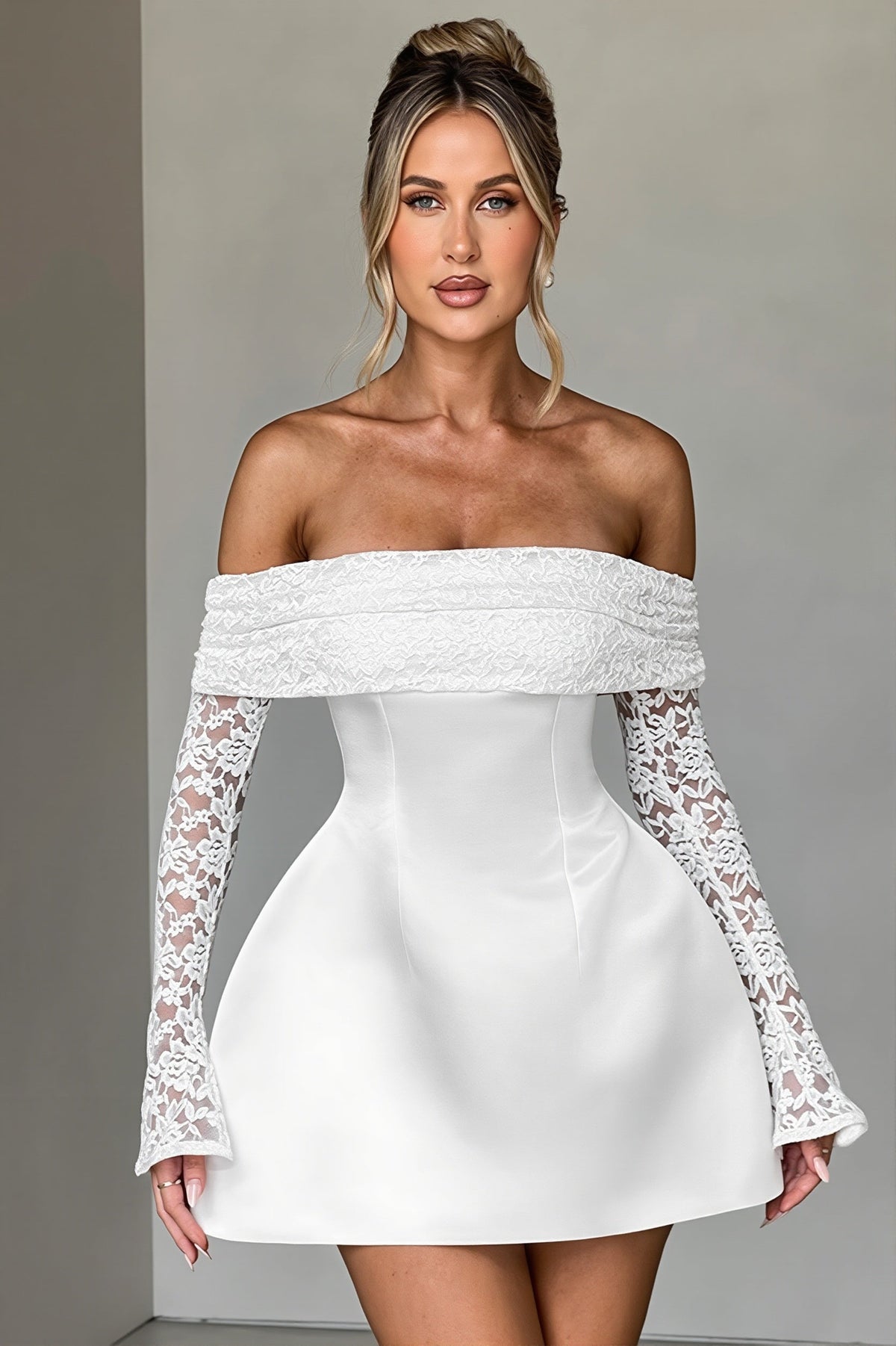 Off Shoulder Lace Long Sleeve Fit and Flare Mini Dress
