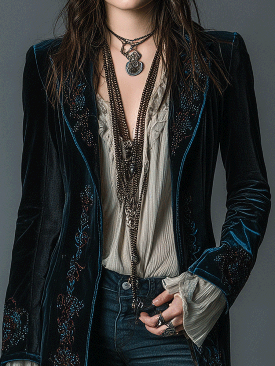 Vintage Navy Velvet Tailored Boho Embroidery Coat