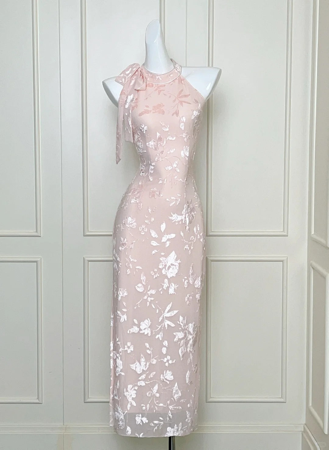 Elegant Pink Slim Halter Neck Jacquard Slit Long Prom Dress Evening Dress P4077