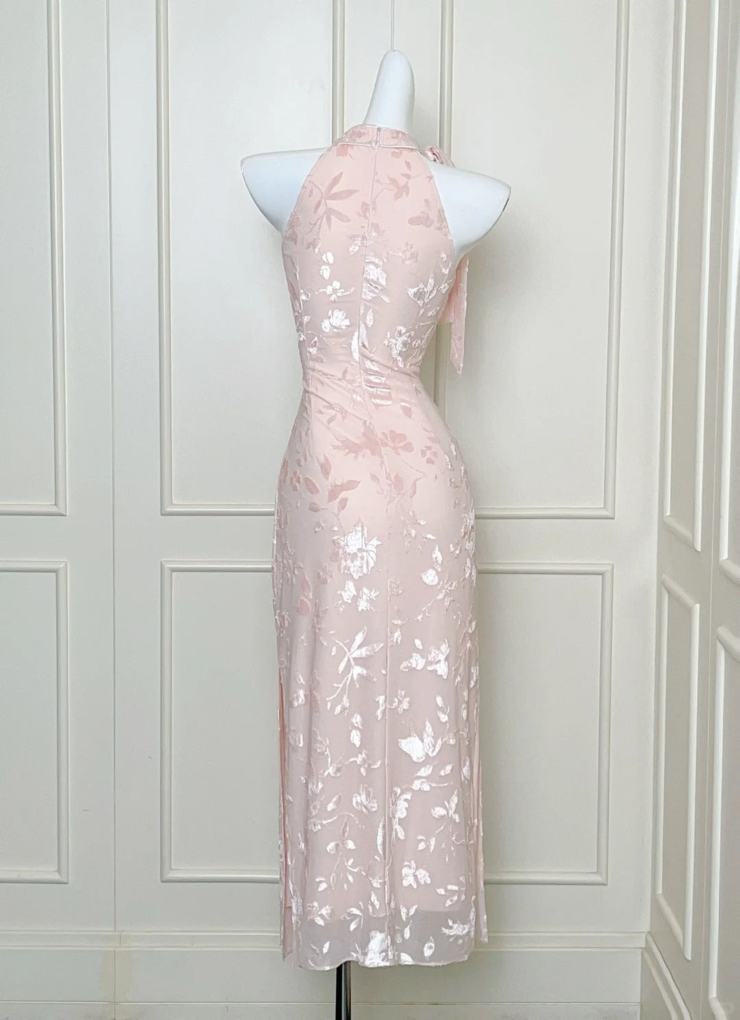 Elegant Pink Slim Halter Neck Jacquard Slit Long Prom Dress Evening Dress P4077