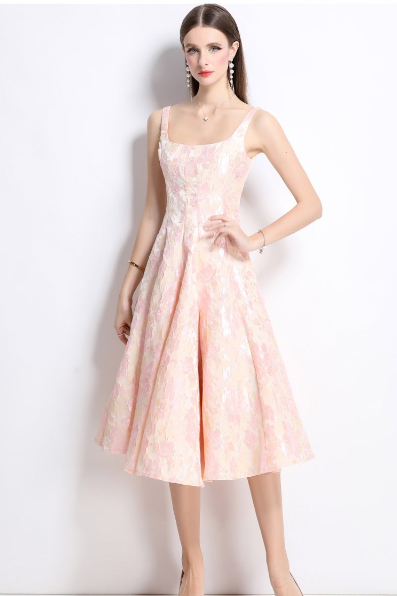 Floral Jacquard Square Neck Fit and Flare Midi Dress 3