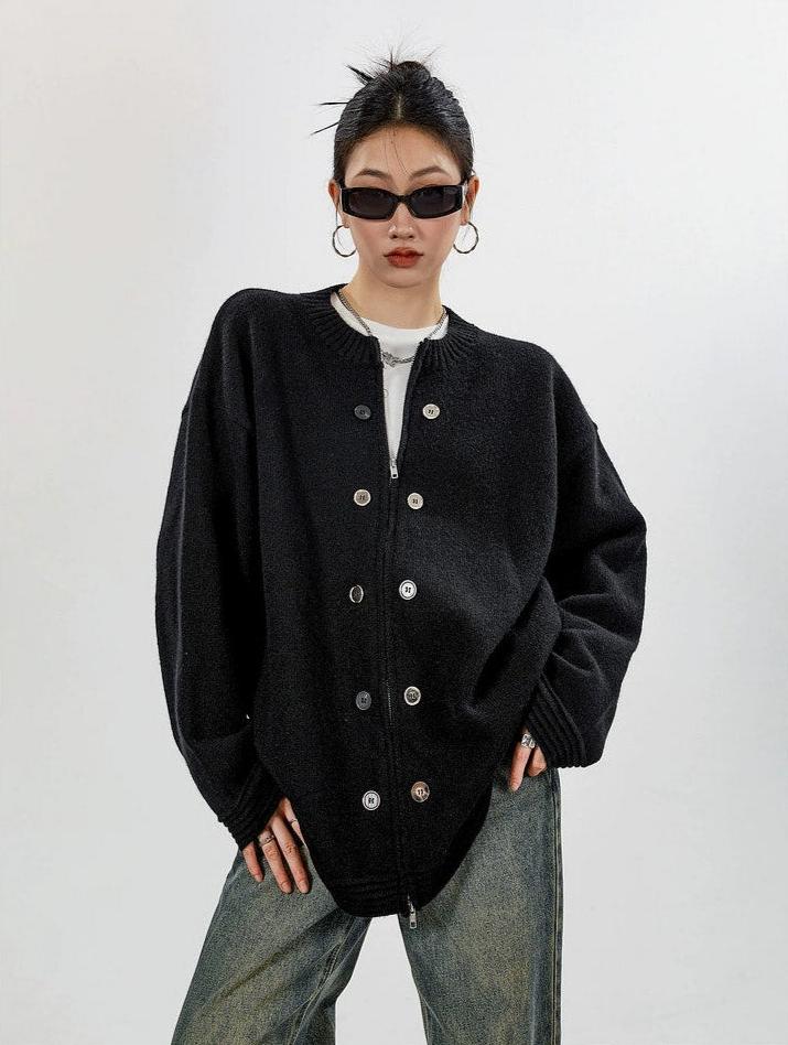 Ribbed Trim Oversized Button Zip Knit Cardigan