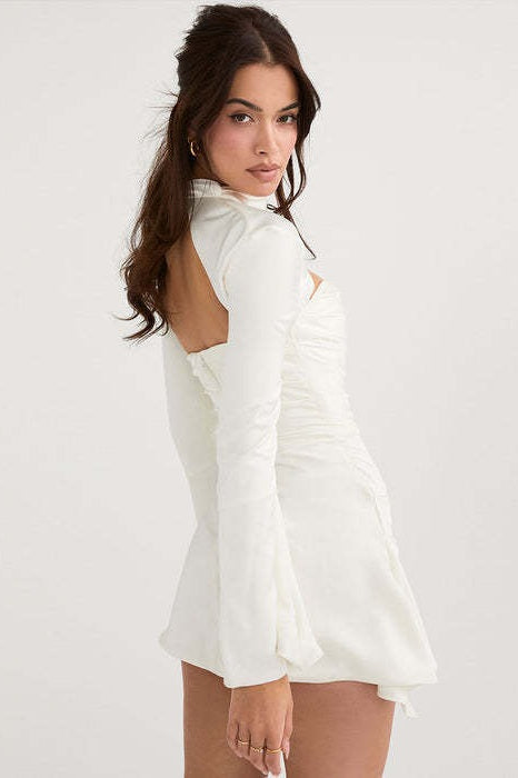 Knit Mock Neck Chest Cut Out Ruched Bell Sleeve Mini Cocktail Dress - View 4