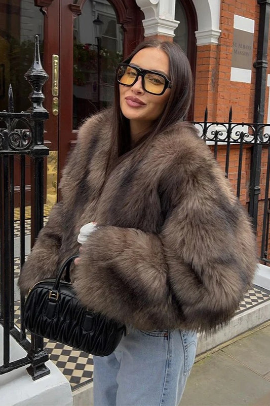 Brown Fluffy Faux Fur Coat - Fashionpara