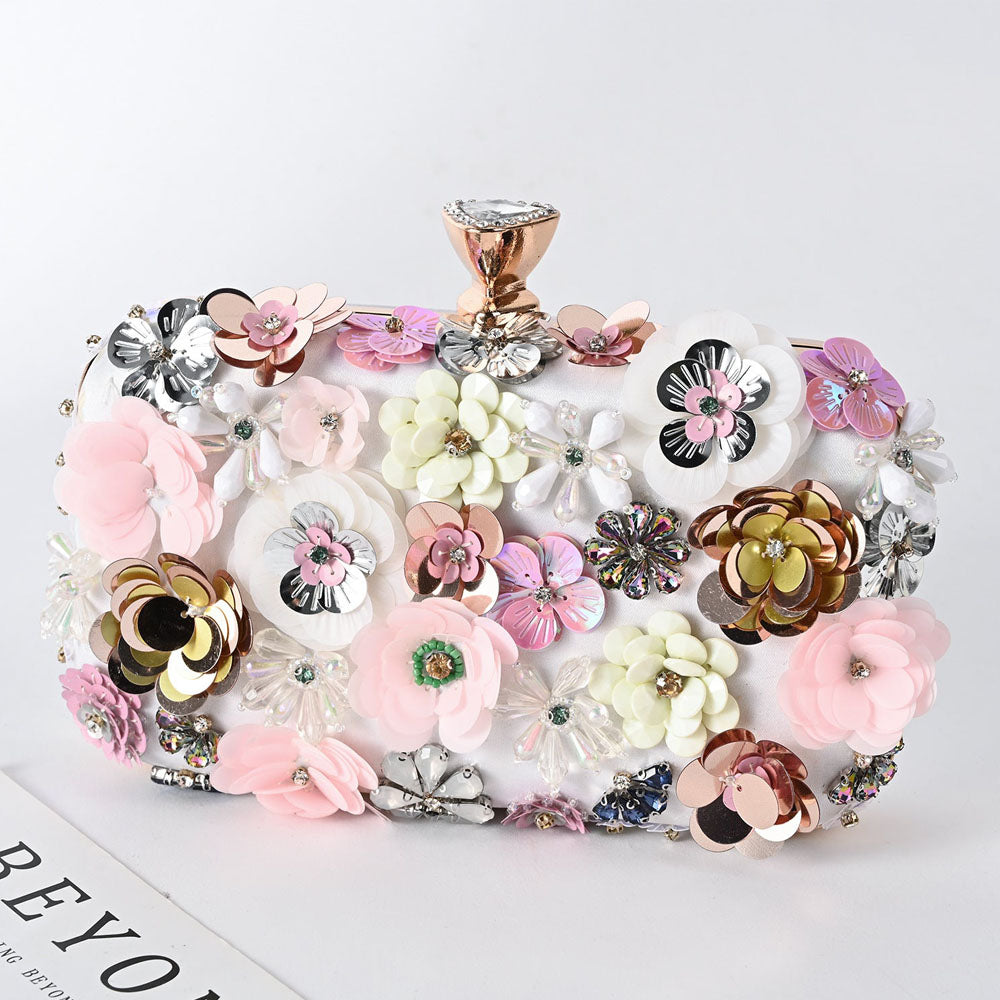 Floral Decor Clip Top Box Bag - Women Evening Clutch - Fashionpara