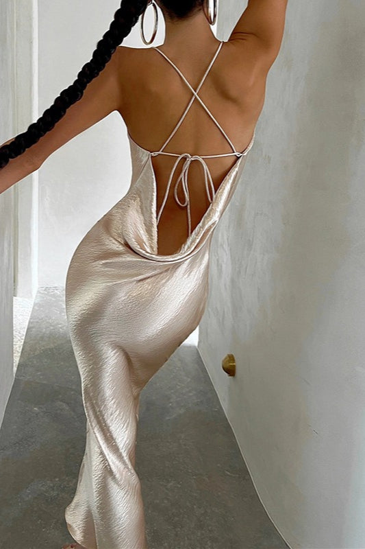 Satin Cowl-Neck Spaghetti-Strap Mermaid Maxi Dress