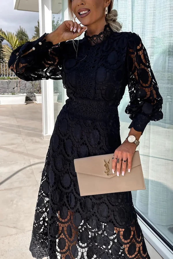 Francisca Crochet Lace Lantern Sleeve Midi Dress - View 14
