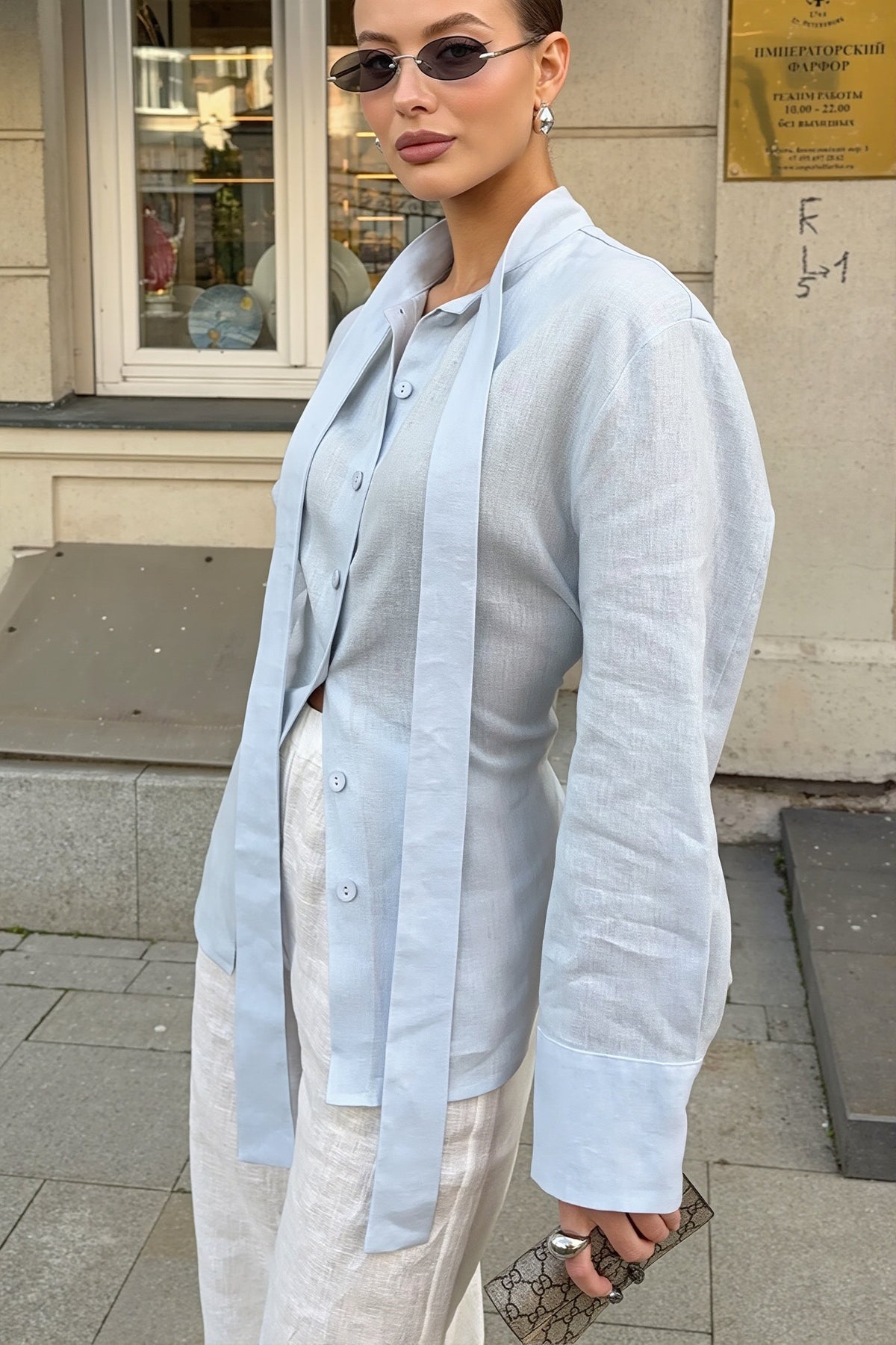 Scarf Tie Collared Button Blouse