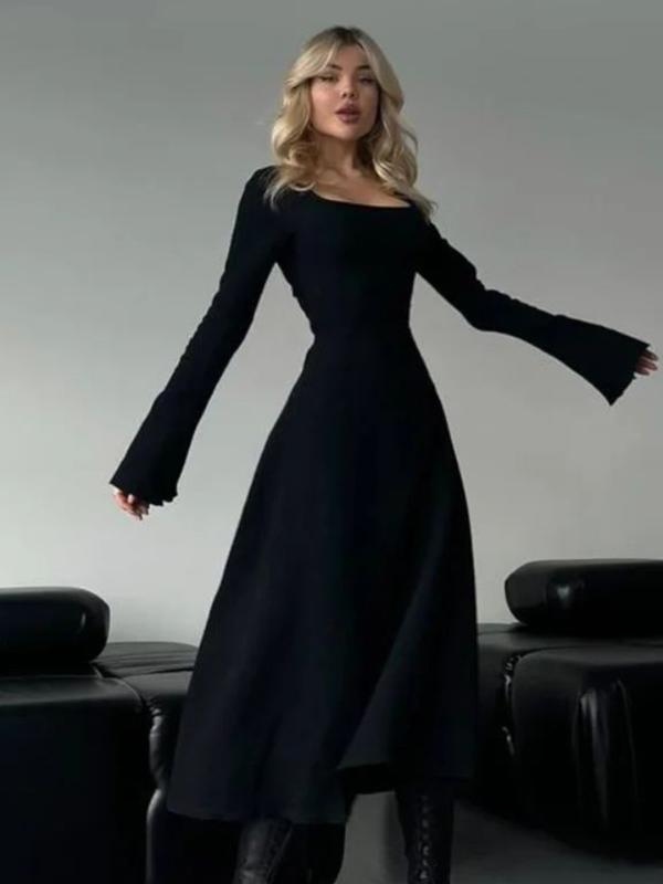 Square Neck Flare Sleeve Fit and Flare Midi Dress 4