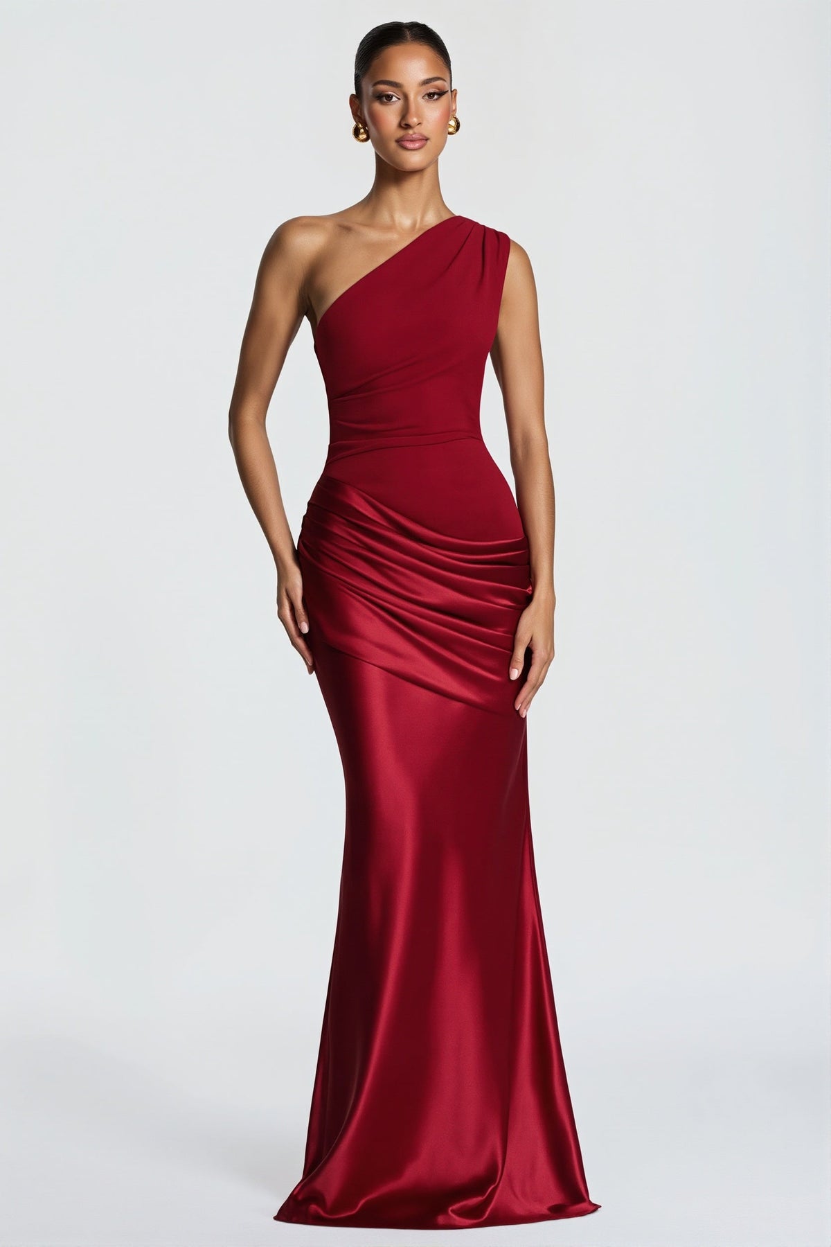One Shoulder Draped Satin Fishtail Maxi Gown 9