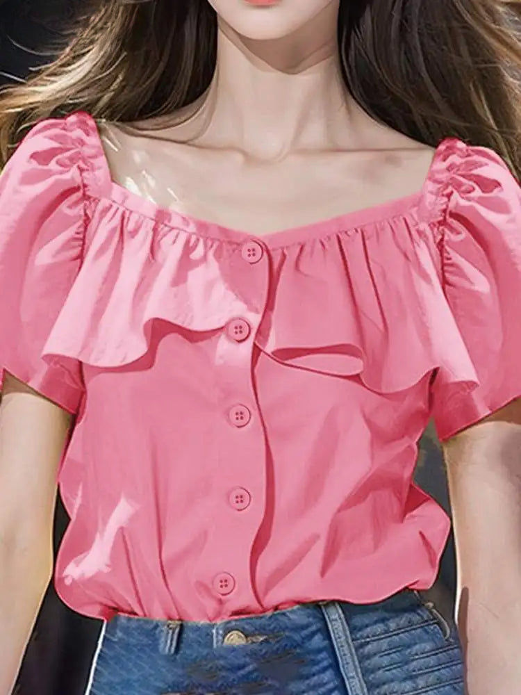 Sexy Square Collar Short Sleeve Casual Blouse