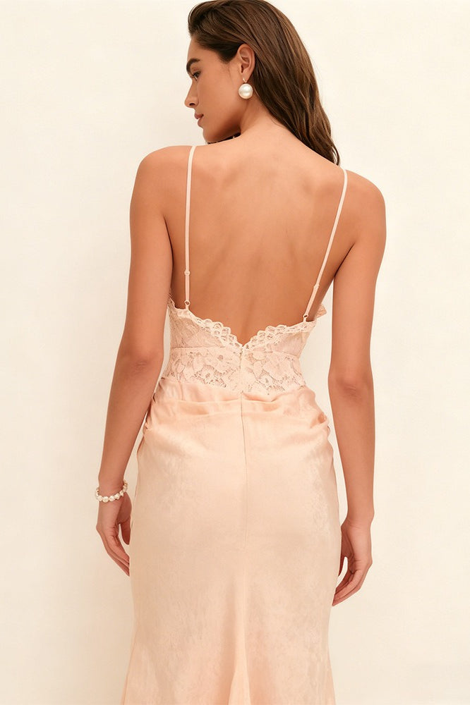 Lace Bodice Spaghetti Strap Draped Mermaid Gown