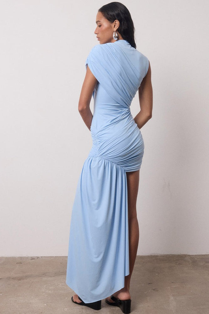High-Neck Sleeveless Ruched Asymmetric-Drape Bodycon Mini Dress