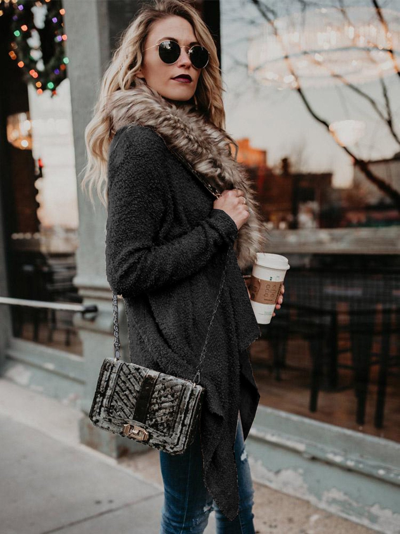 Florcoo Luxe Plush Trench Coat with Elegant Fur Collar