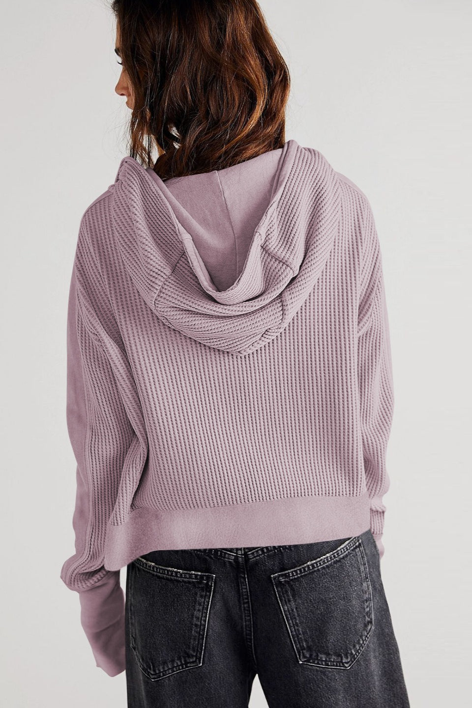 Waffle Texture Zip Front Cropped Hoodie