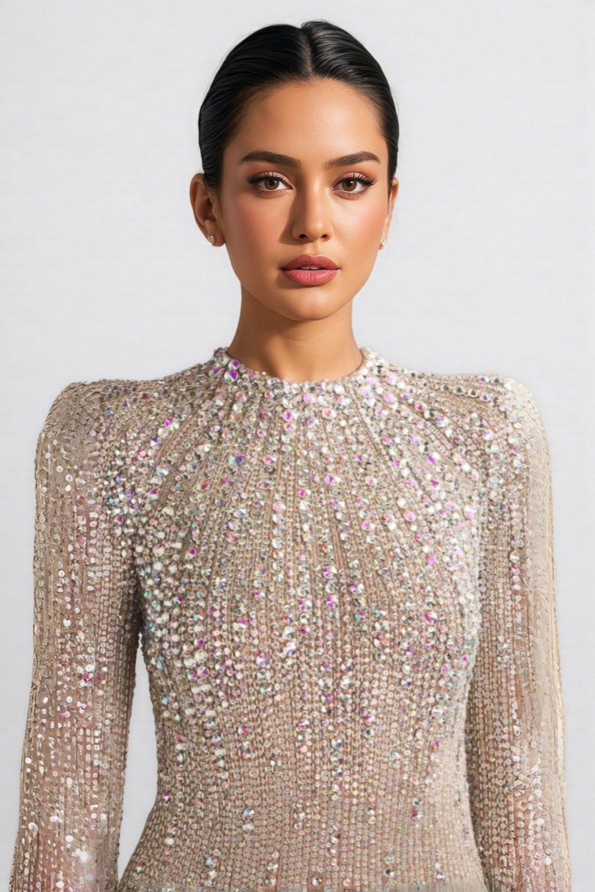 Sequin Long Sleeve Crew Neck Structured Shoulder Shift Mini Dress - View 2