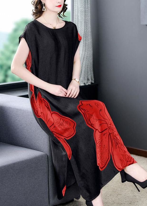 Floral Print Cap Sleeve Round Neck Side Slit Shift Midi Dress - View 2
