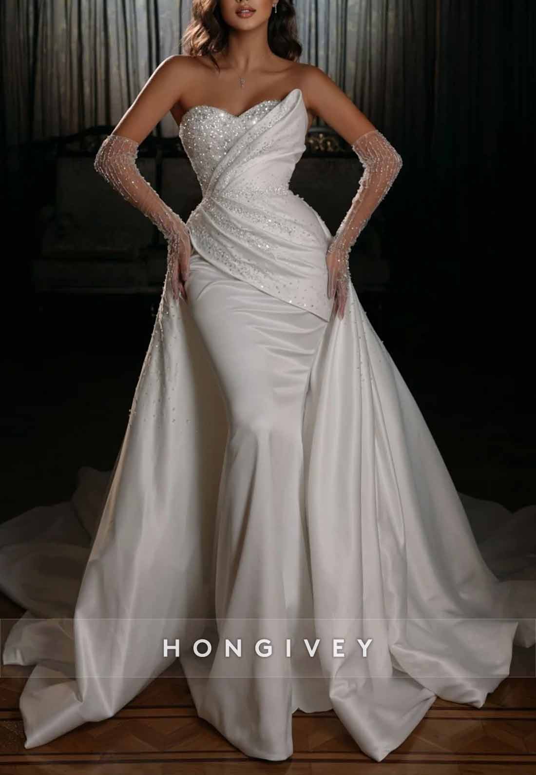 Glitter Sweetheart Strapless Half Sleeve Detachable Mermaid Wedding Dresses