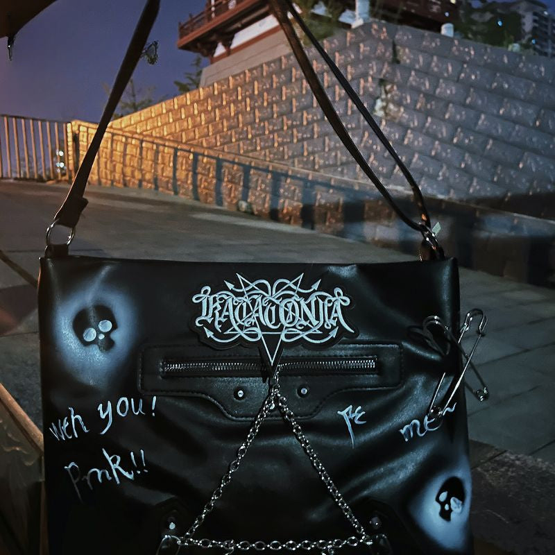 Y2K Harajuku Gothic Skeleton Chain Leather Crossbody Bag - Fashionpara
