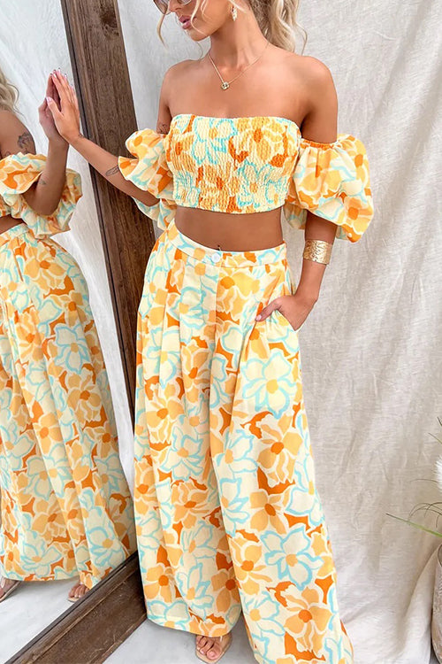 Off Shoulder Puff Sleeves Printed Crop Top - Fashionpara