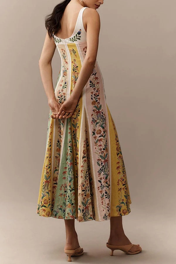 Sweet Garden Linen Blend Color Block Floral Paneled Maxi Dress - Fashionpara