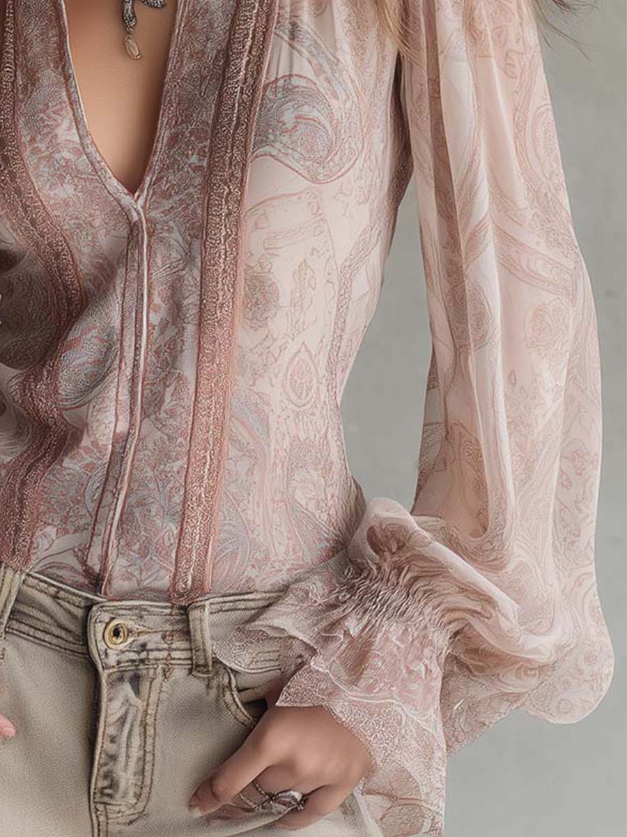 Vintage Sheer Paisley Lace Trim Blouse - Fashionpara