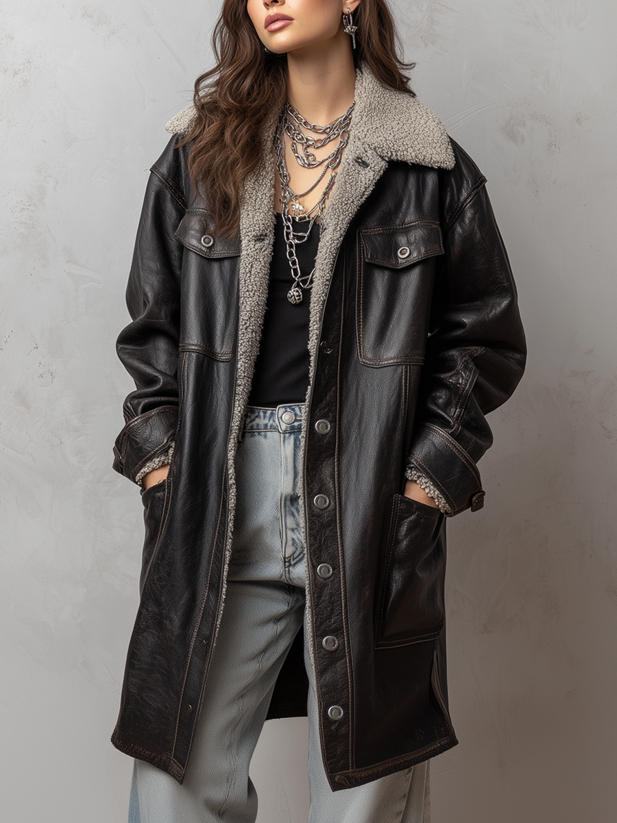 Casual Pocket Shearling Eco-friendly Leather Coat - Fashionpara