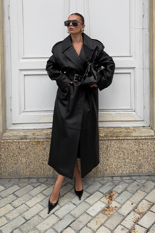 Knee-Length Faux Leather Overcoat with Heavy Detailing