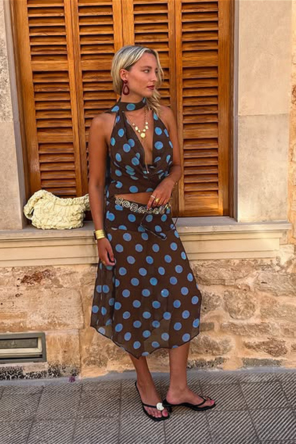 Colorblock Polka Dot Mesh Two Pieces Set
