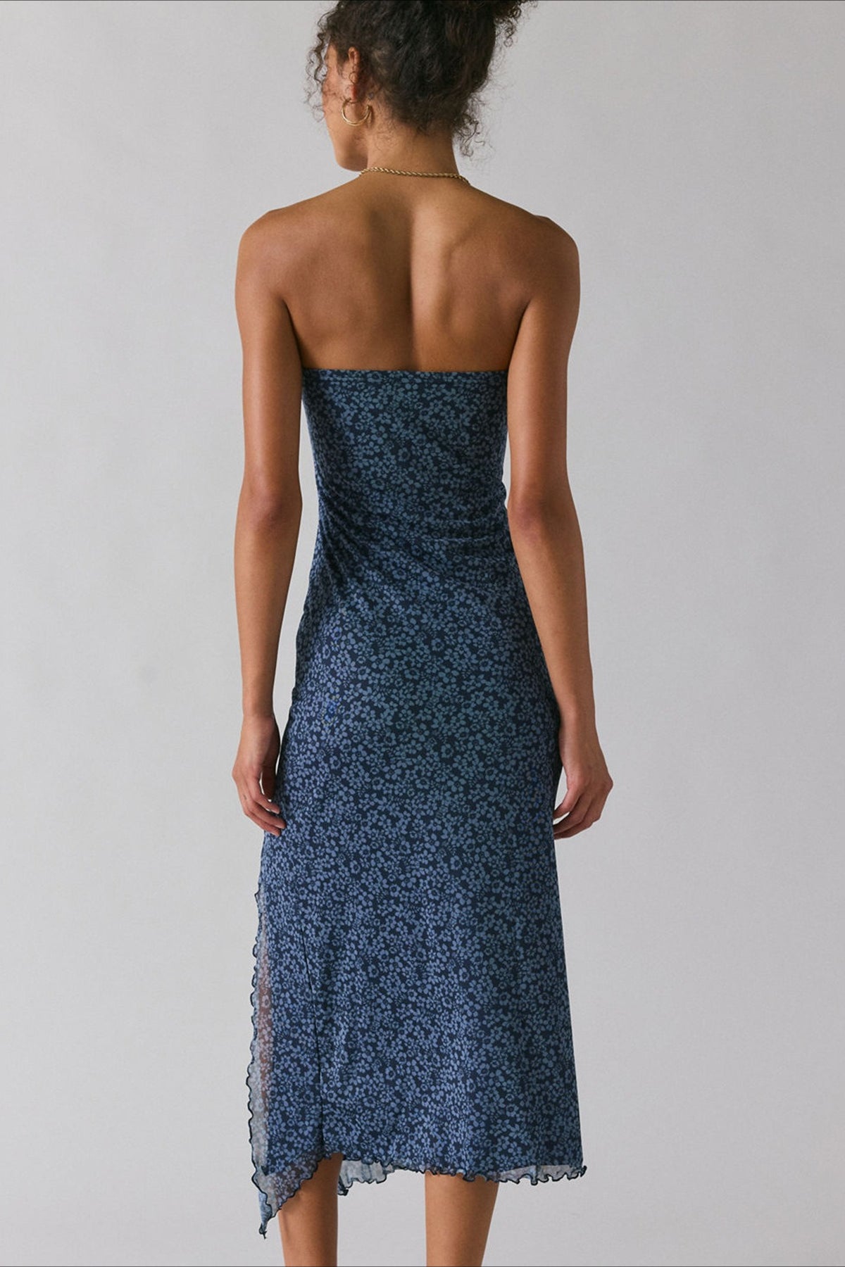 Gradient Print Mesh Strapless High Split Bias Midi Dress