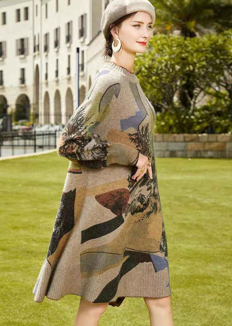 Jacquard Landscape Print Crew Neck Sweater Mini Dress - View 2