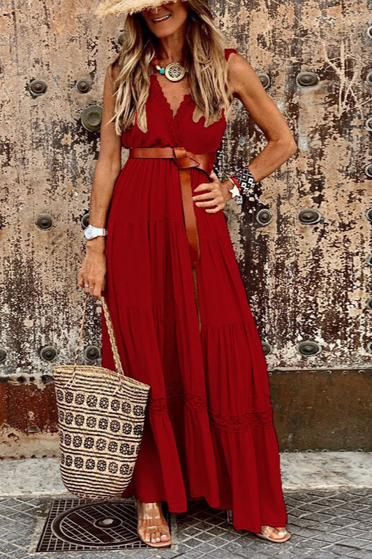 High Waist V Neck Spliced Elegant Boho Dress