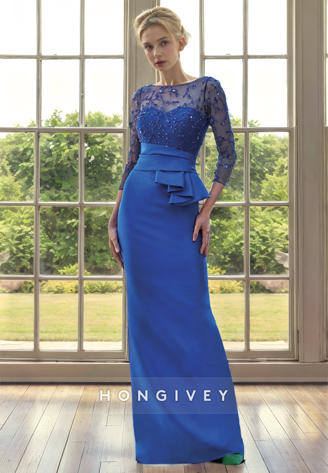Elegant Scoop 3/4 Sleeves Beaded Appliques Mother of the Bride Dress
