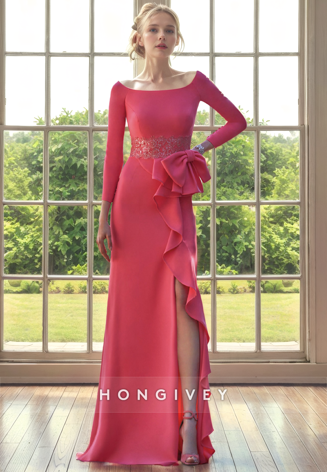 Trumpet Scoop 3/4 Sleeves With Side Slit Ruffled Mother of the Bride Dress