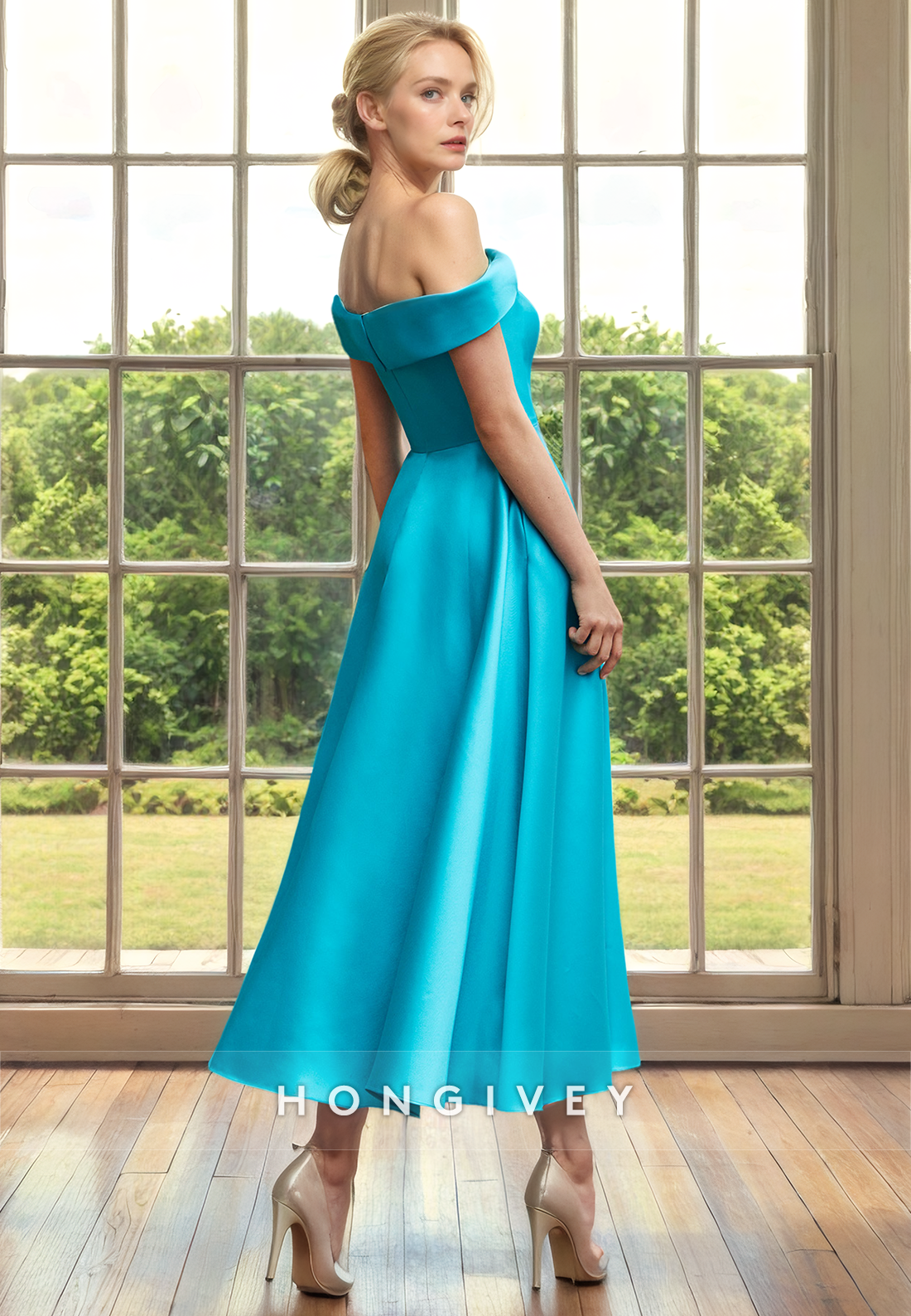 Satin A-Line Off-Shoulder Sleeveless Mother of the Bride Dress
