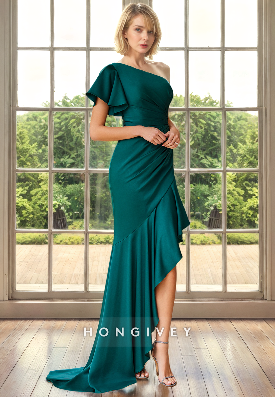 Simple One Shoulder Sleeveless Ruffled Mother of the Bride Dress