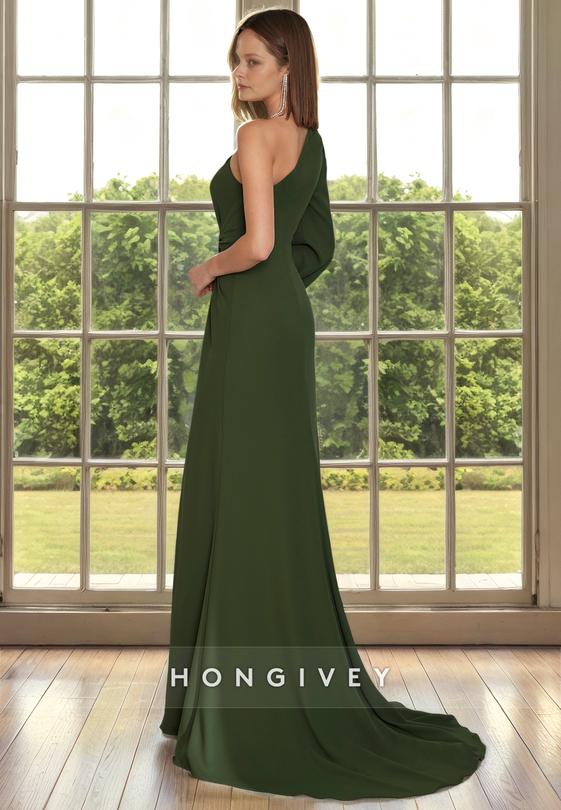 Simple Satin One Shoulder Long Sleeve With Side Slit Cocktail Mother Of Bridge Dress