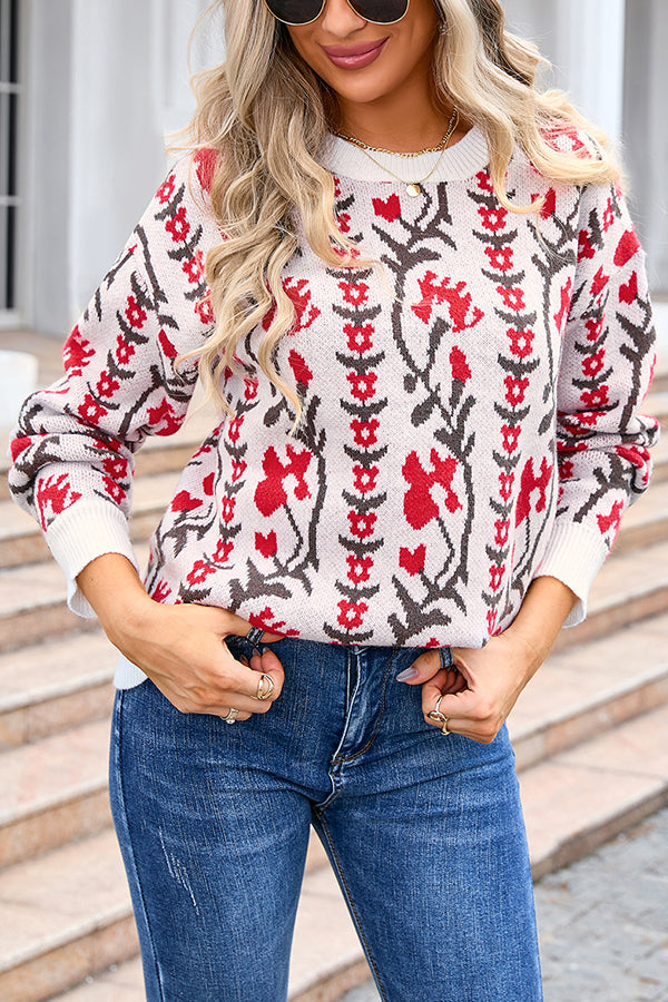Lady Rin Floral Knitted Crew Neck Sweater for Casual Elegance