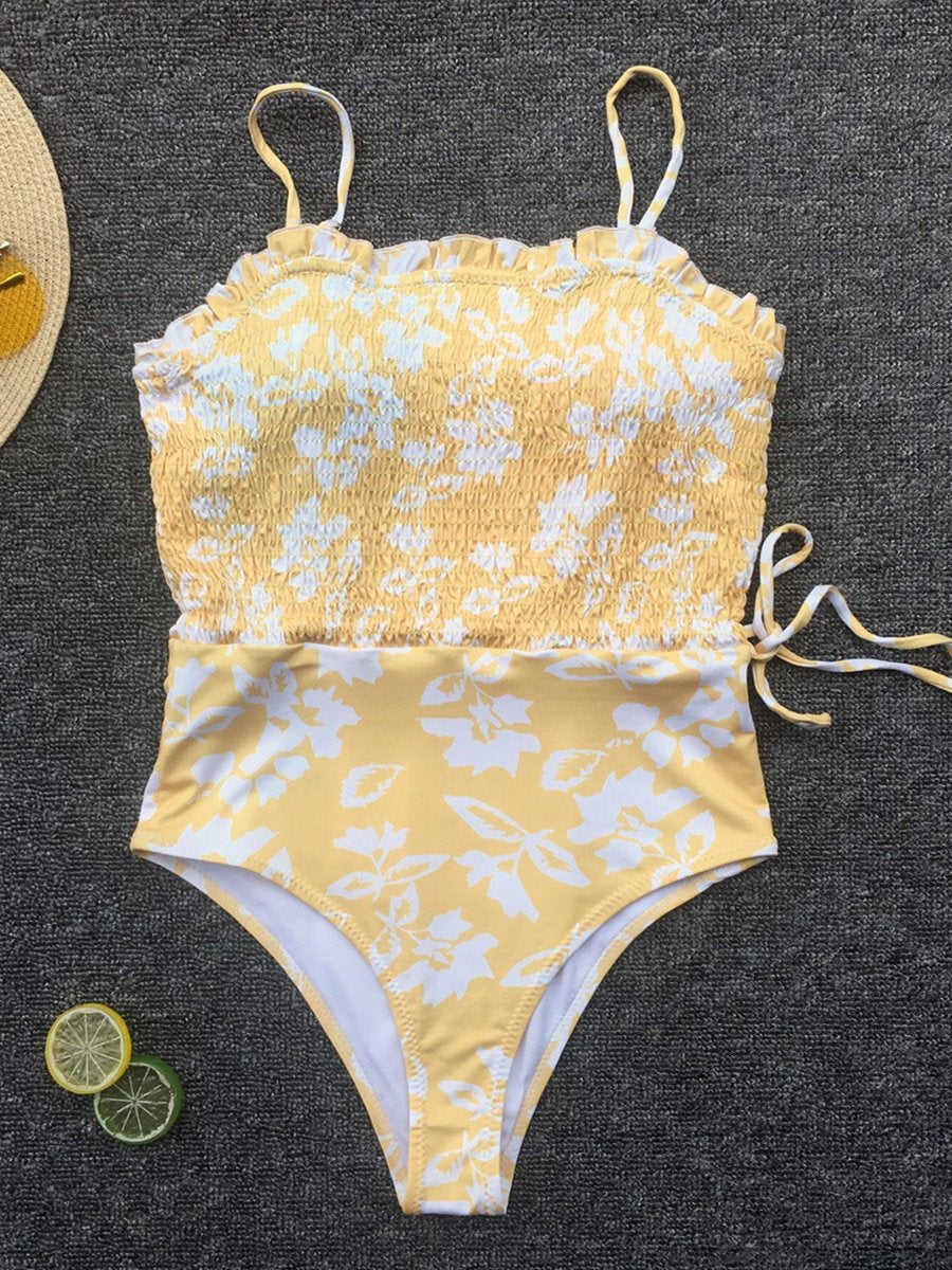 Pleated Yellow Print Bikini - Fashionpara