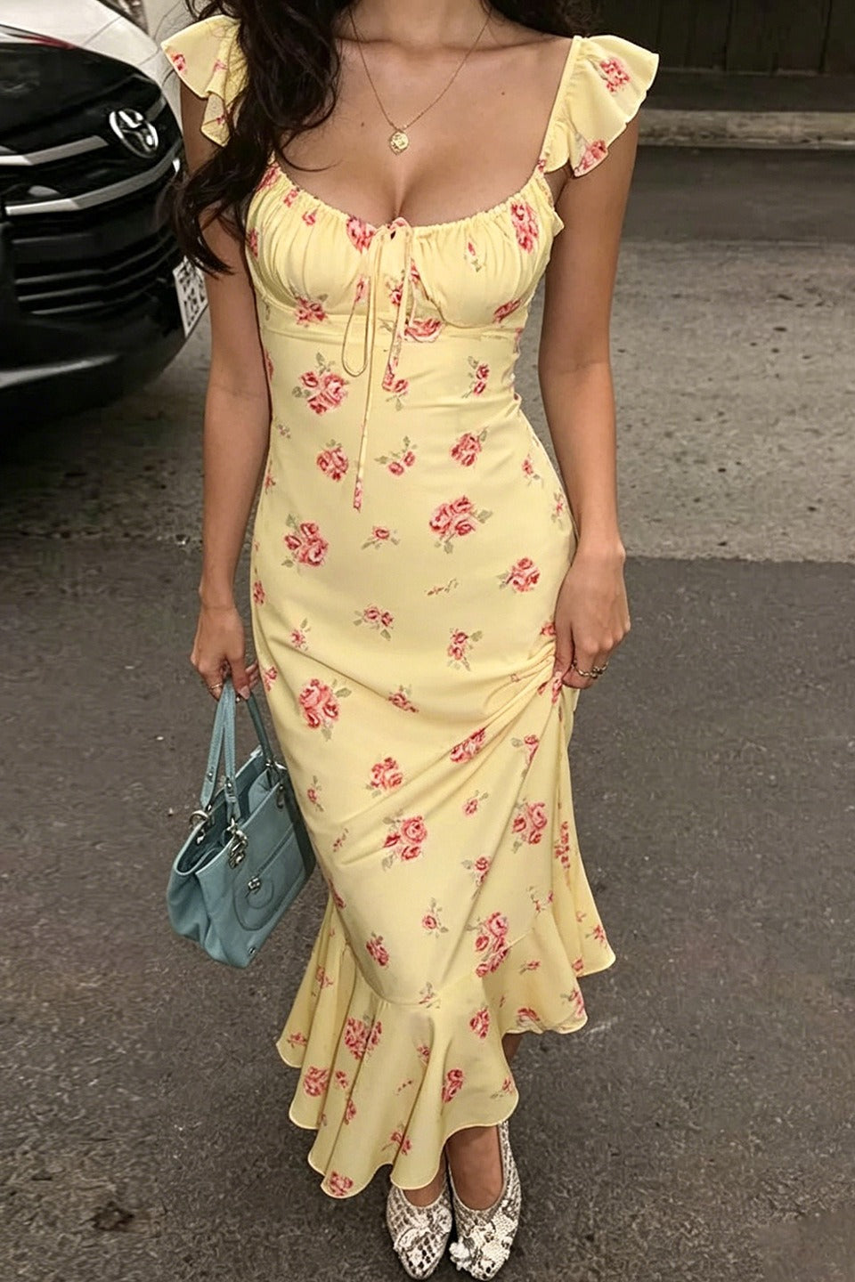 Floral Print Flutter-Sleeve Fishtail Maxi Dress