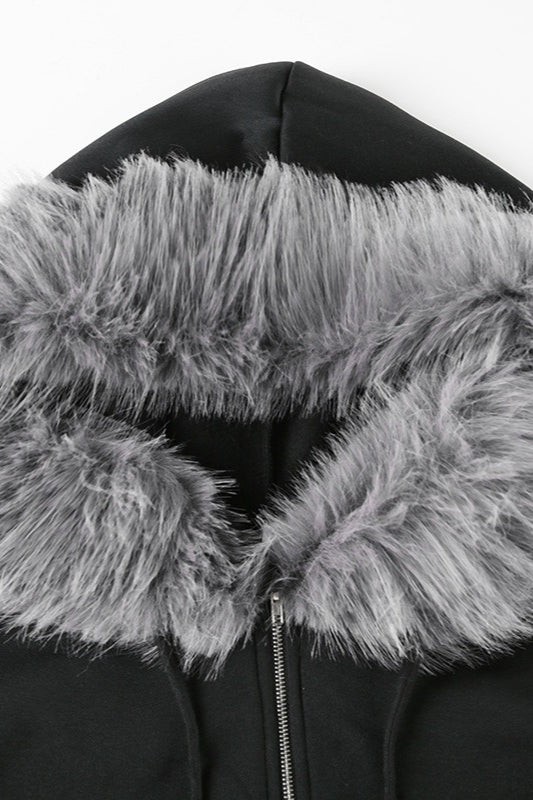 Fur Trim Hooded Zip Waist Jacket