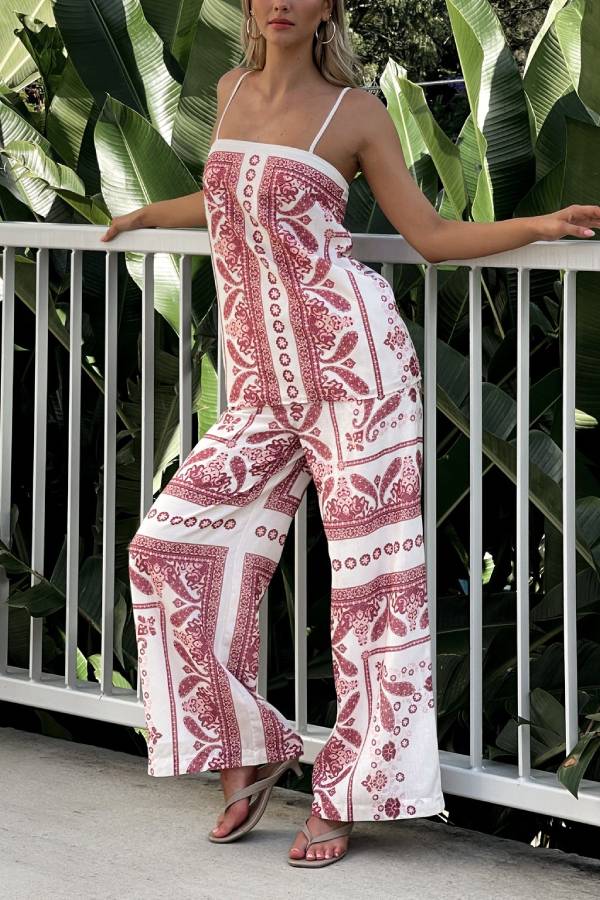 Unique Print Loose Casual Tank Top and Elastic Waist Wide Leg Straight Pants Set - Fashionpara