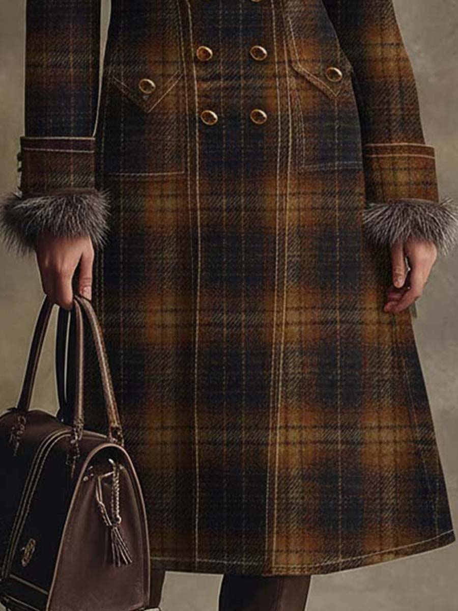 Vintage Plaid Wool-Blend Coat With Detachable Faux Fur Collar - Fashionpara