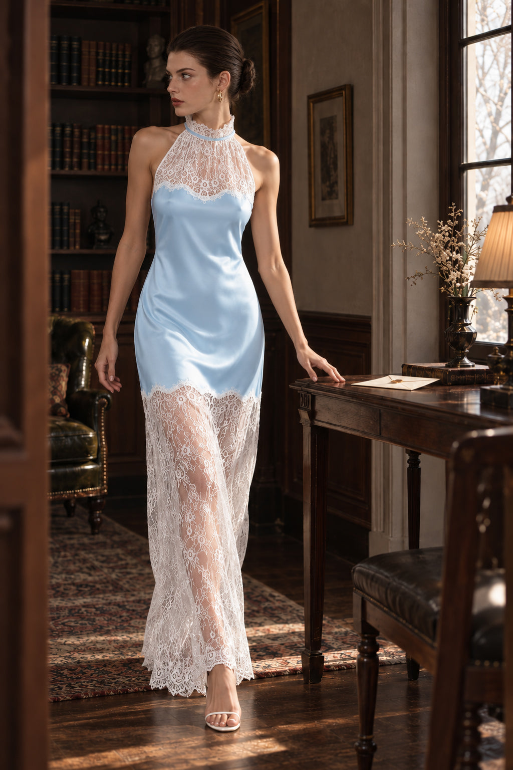 Satin Lace Halter High Neck Sheer Lace-Hem Gown