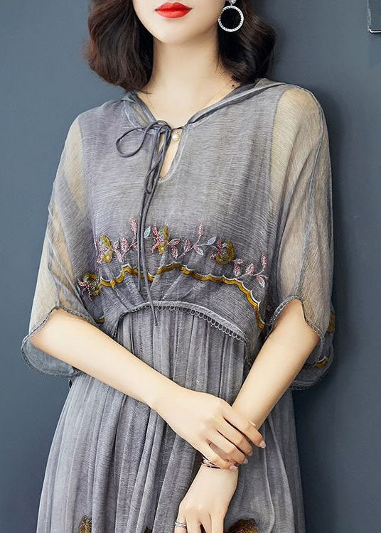 Hooded V-Neck Tie Front Short Flutter Sleeve Floral Midi Dress - View 4